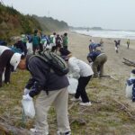 回収できない流木はそのままにプラスチックやペットボトルなどゴミを拾う　散らばった流木にも気配りし集めて仮置きした　後日、市側で回収されると聞く